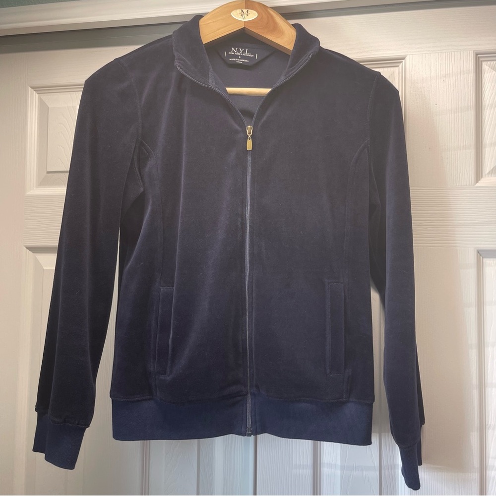 New York Laundry Navy Blue Velour Zip-Up Track Jacket - Size Large